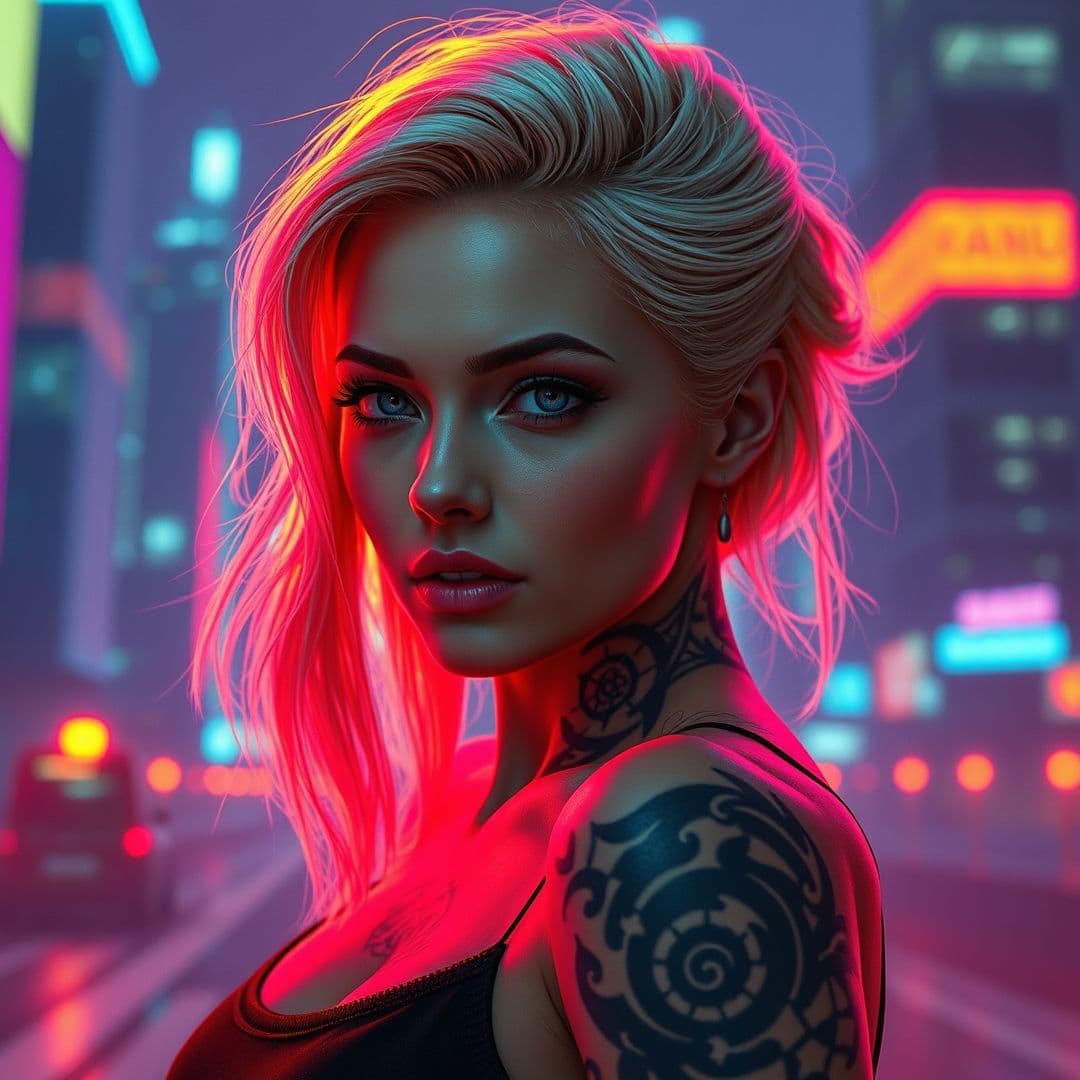 AI generated: cyberpunk blonde heroine freezes in a dance in the light of a neon strobe light. This image, whether...