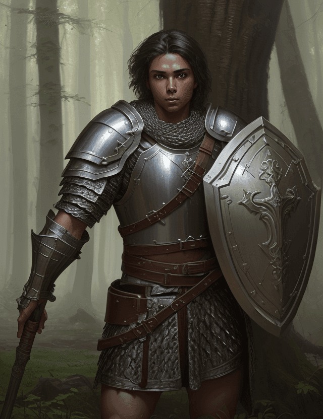 AI generated: young tanned male cleric with hammer, shield and chainmail armor, in forrest, with curious face, by ...