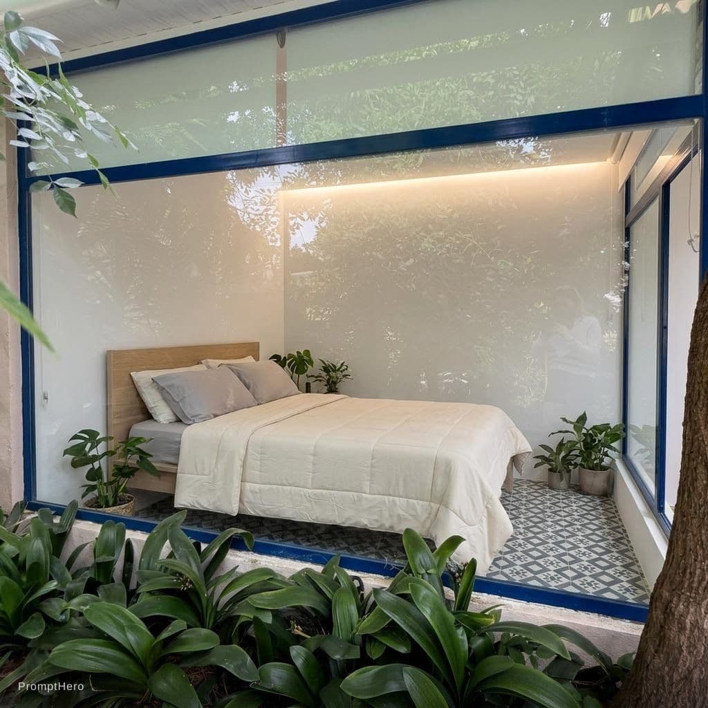 AI generated: Add a queen bed. The headboard is flush against the solid white wall on the left. The foot of the be...