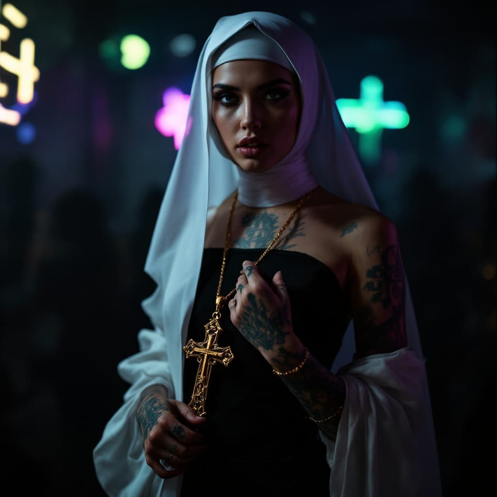 AI generated: Full body view of a young beautiful tattooed nun with a modern twist. She wears traditional nun atti...
