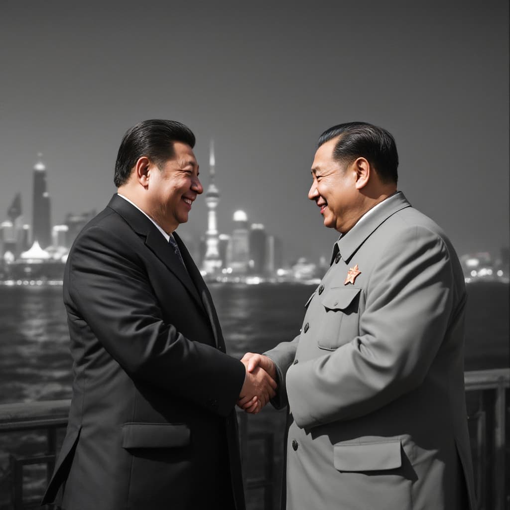 AI generated: Xi Jinping and Mao Zedong shaking hands on the banks of the Huangpu River in Shanghai