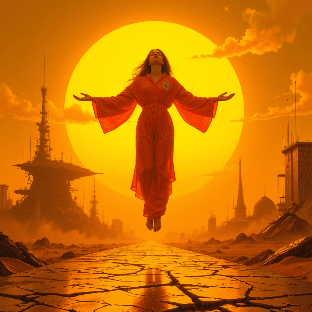 AI generated: Beneath twin suns filtered through dusty golden clouds, a woman levitates above cracked chrome pavem...