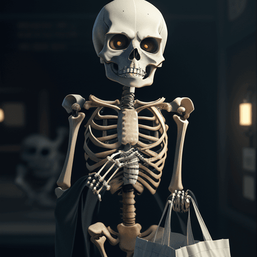 AI generated: Sad skeleton holding bag with bitcoin logo, 4k, hyper realistic, focused, extreme details, unreal en...
