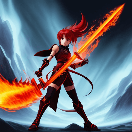 AI generated: full size fire sword located at an angle of 45 degrees, anime style, without human, black background...