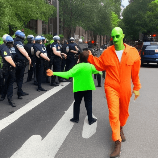 AI generated: Green alien gets arrested by officers in the middle of the street in a orange jumpsuit