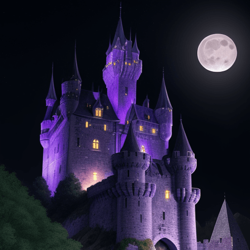 AI generated: Hyper realistic eye level exterior photo of a medieval castle. Nighttime with full moon. Uplighting ...