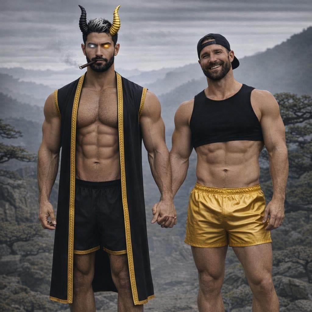 AI generated: Create a tall man with a pair of devil horns on his head with one being black and the other being go...