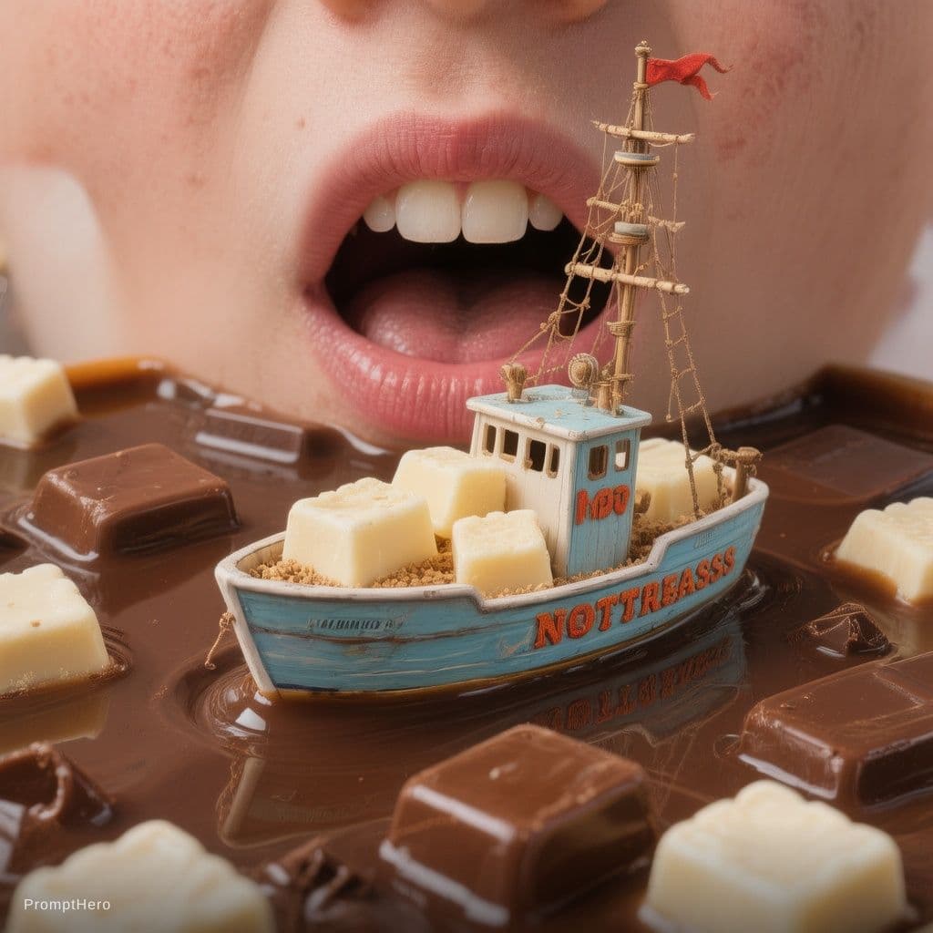 AI generated: cubes of white chocloates in a small ship floating in a pool of liquid dark chocolates and zooming o...
