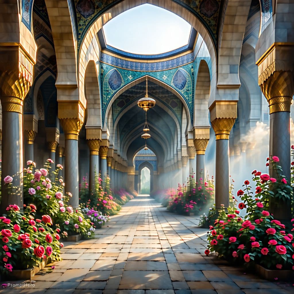 AI generated: Persian architecture, temple volume atrium light full of rose, hanging gardens, vibrant flowers, arc...