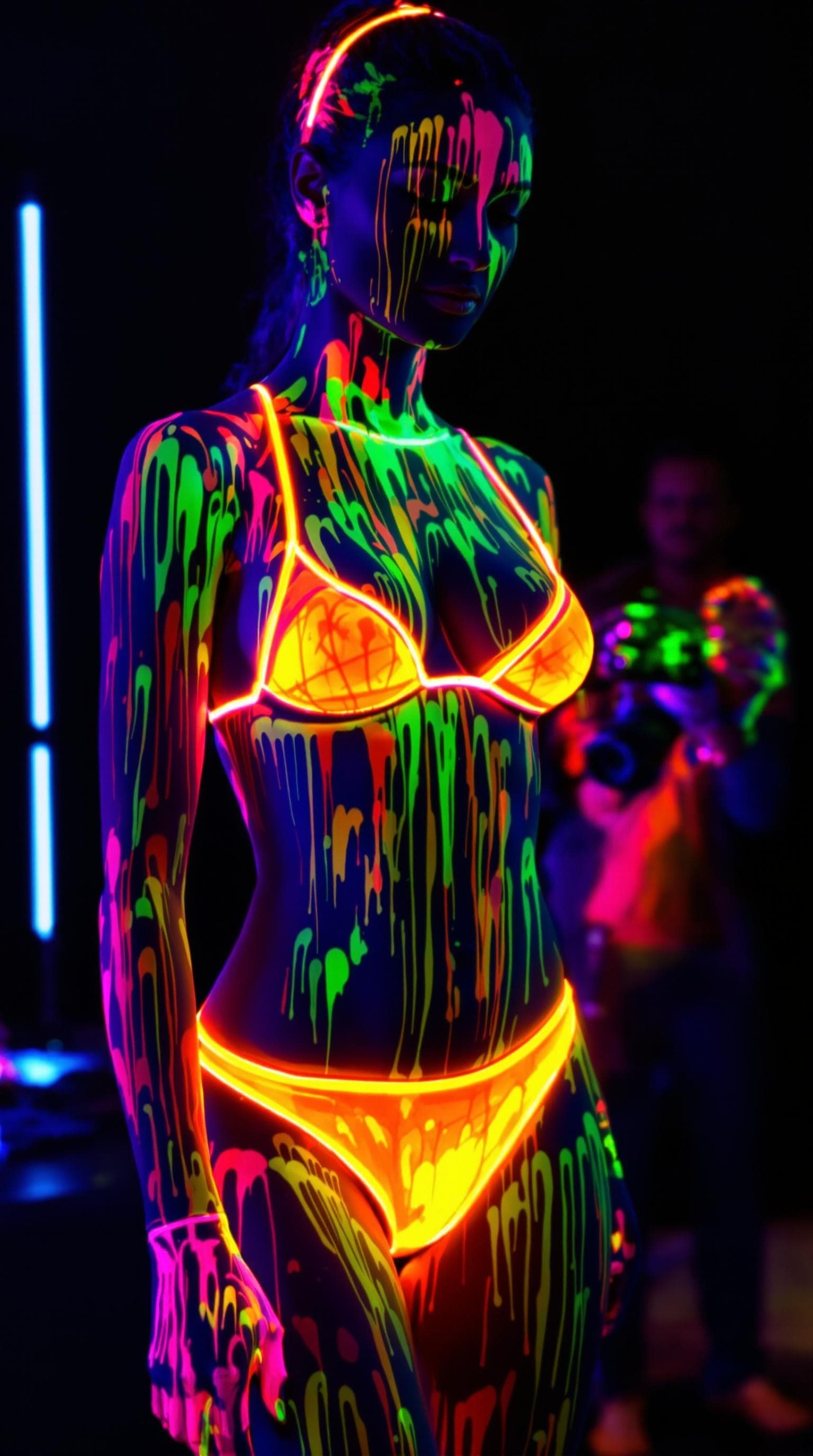 AI generated: A photorealistic scene of a woman in bright neon underwear being painted with bright neon body paint...