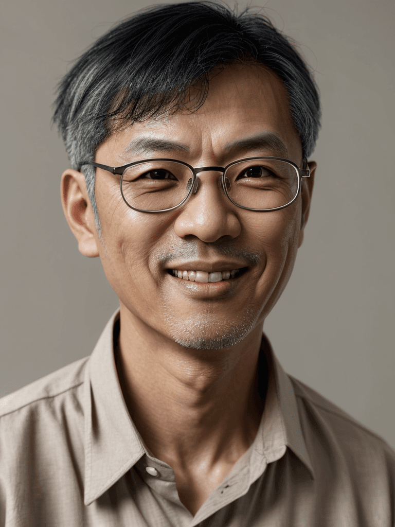 AI generated: medium close-up, middle-aged East Asian male, warm smile, short grey hair, clear eyeglasses, tailore...