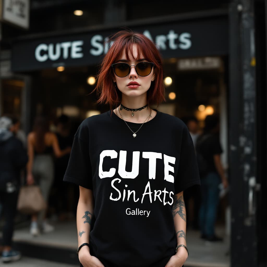 AI generated: A young Caucasian woman macroview with dark red hair, piercings, wearing sunglasses and a black t-sh...