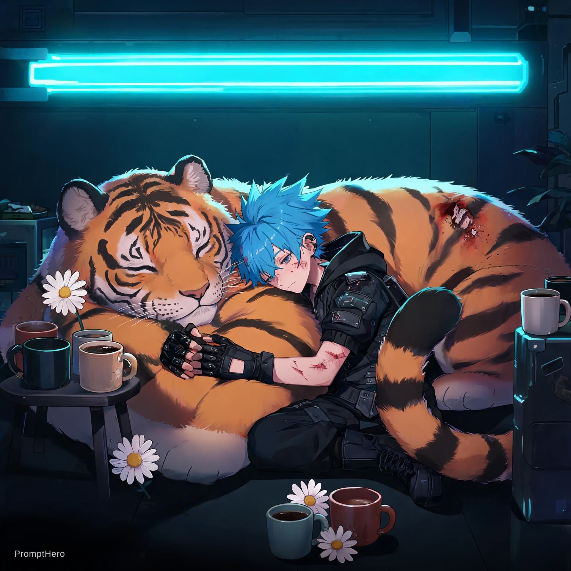 AI generated: sci-fi . Stripe of light . Fantasy. Guy cuddled up with a giant sized cat/tiger saver tooth tighter ...