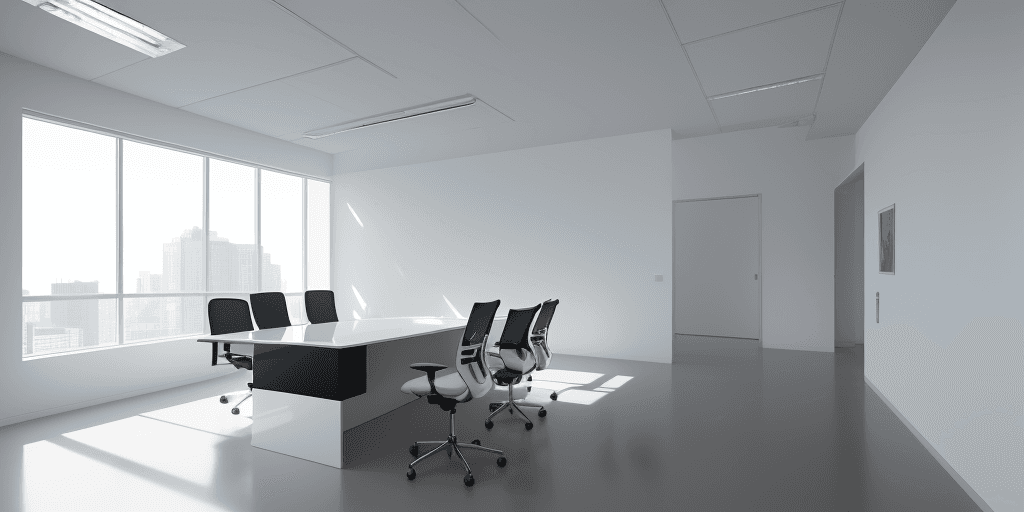 AI generated: Front view, office, minimalist, contemporary style, high gloss, cool-toned lighting, bright afternoo...