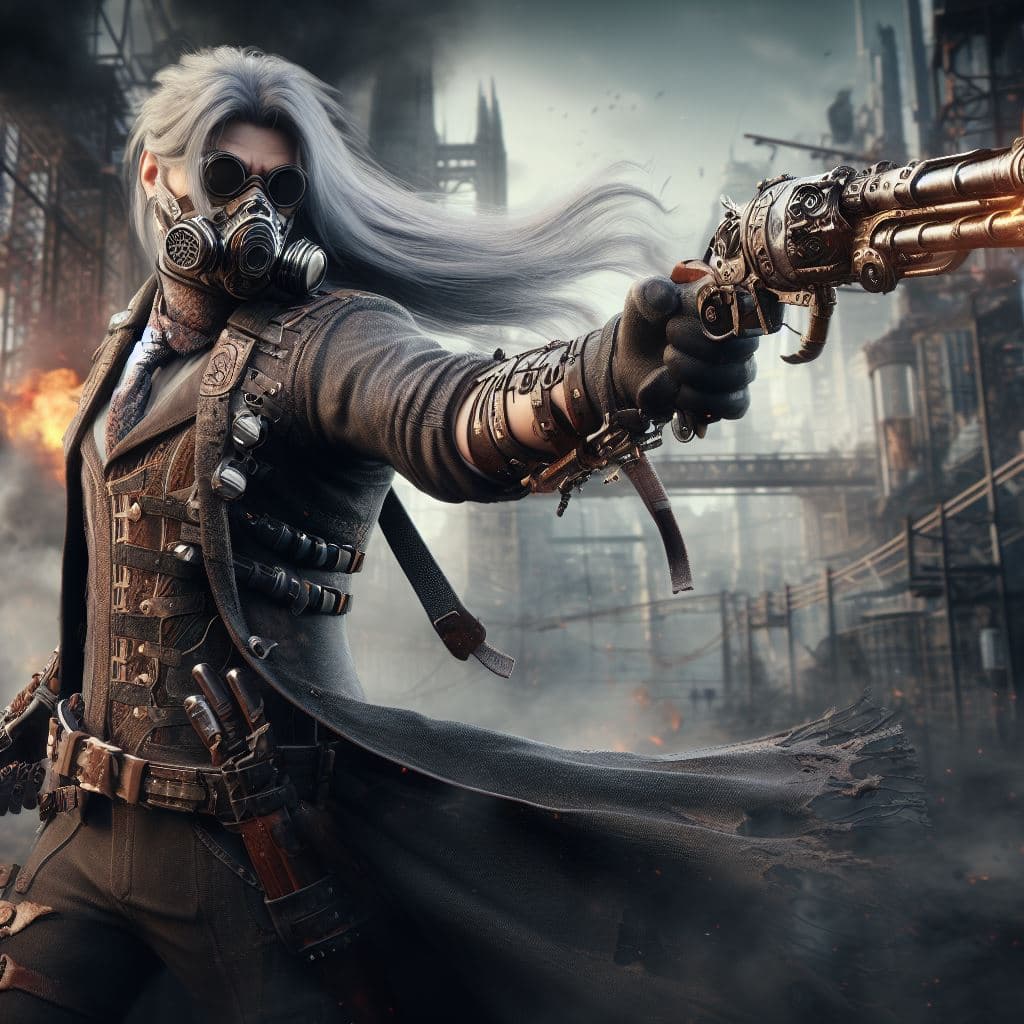 AI generated: Very badass Steampunk man, long silver hair, steampunk outfit and weapon, hyperrealism, photorealist...