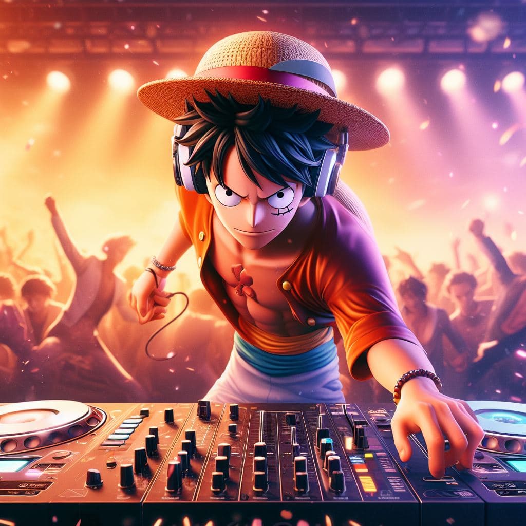 AI generated: one piece character, monkey d luffy  as a dj party, stand playing cdj player,wearing headphone  and ...