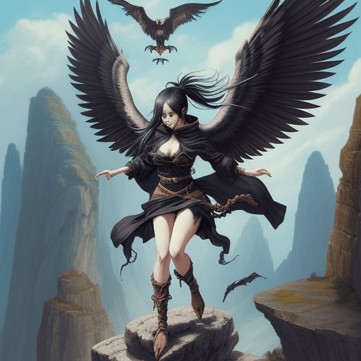 AI generated: fantasy Anime style painting, women with vulture wings flying above a rock, grim face, claw feet, we...