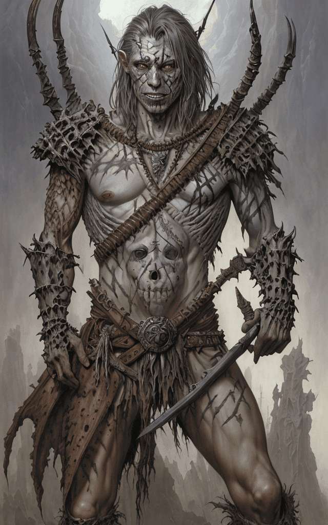 AI generated: one eyed Caucasian tribal man with grey skin, covered in scars, scarring, wearing bones as armor, fa...