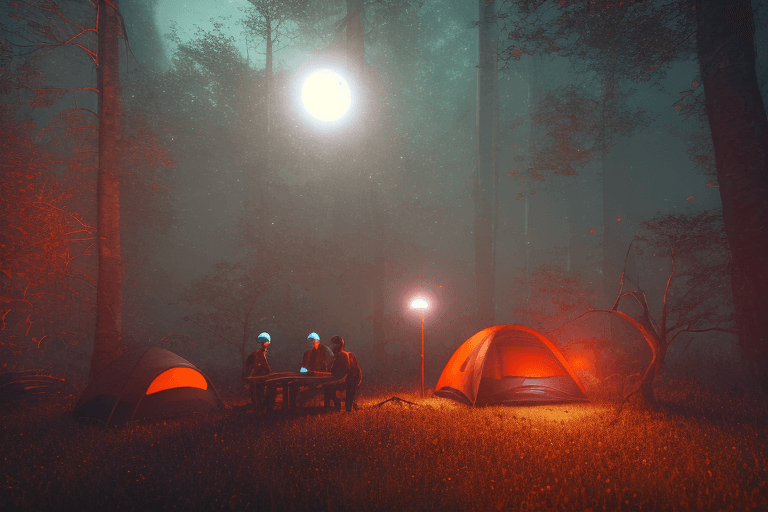 AI generated: Dark night time campsite, with a few explorers with scientific gear, resting and relaxing near a riv...