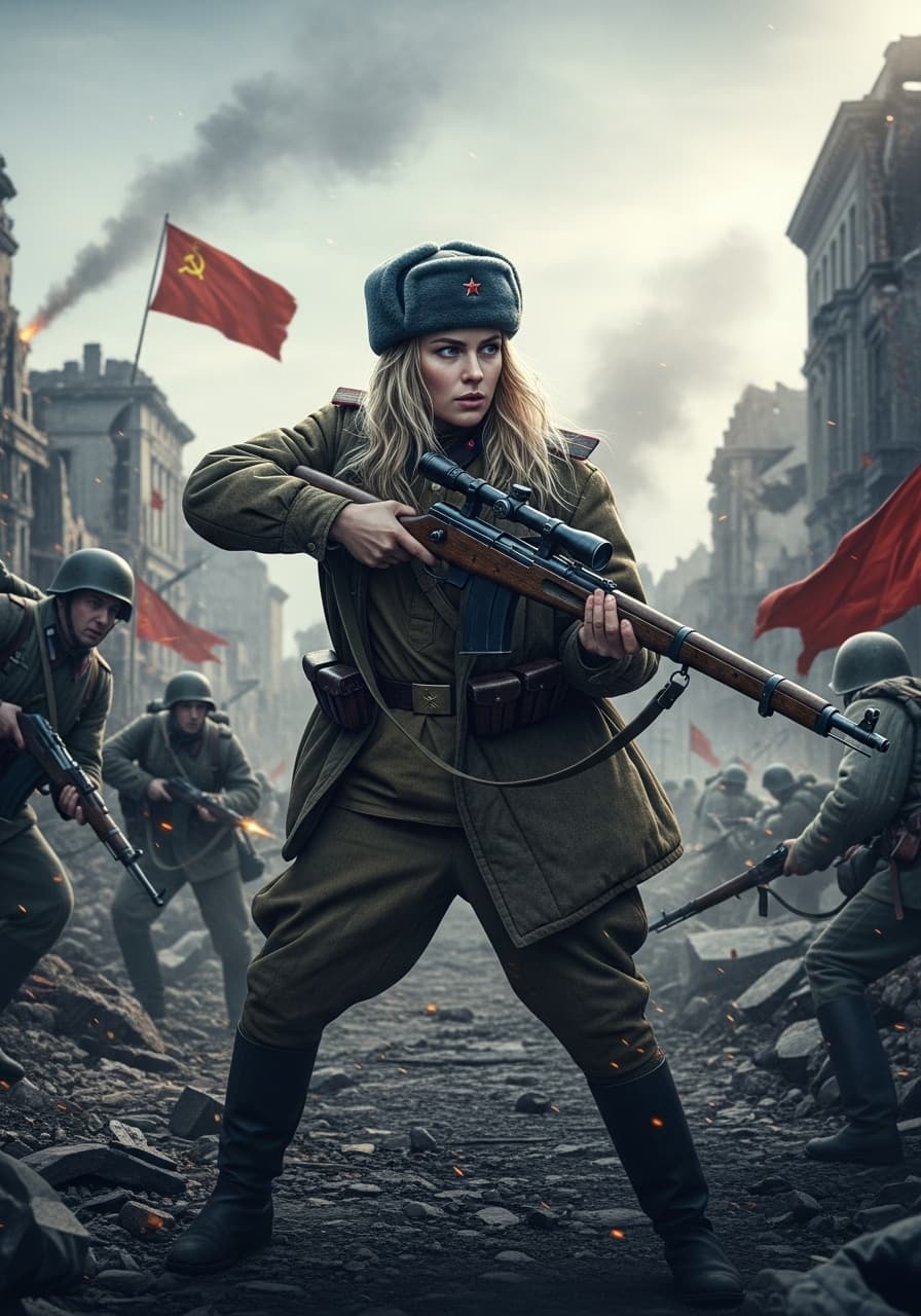AI generated: Soviet army girl,  open soviet army uniform,with uschanka ,blonde hair,fighting germans with mosin n...