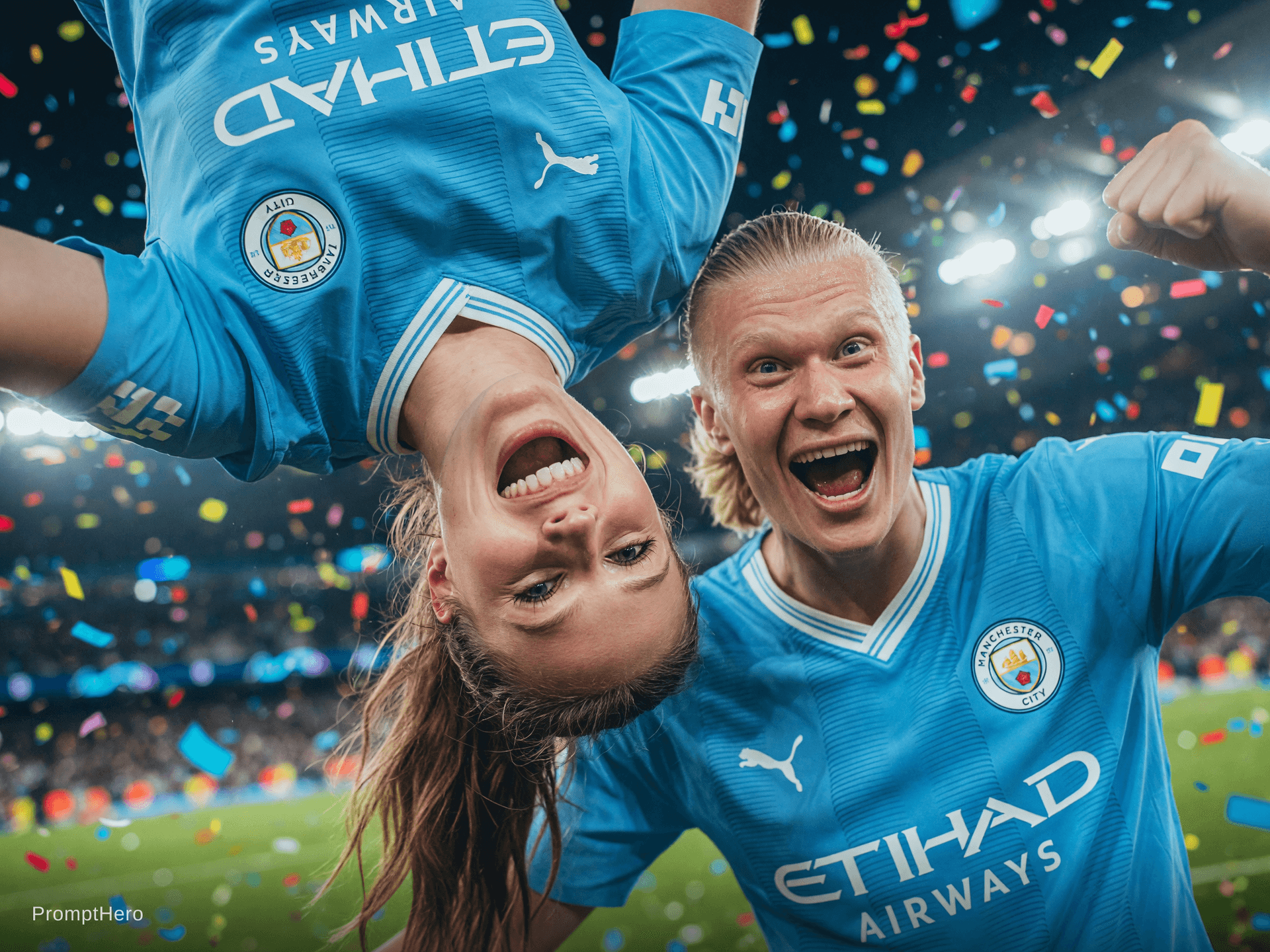 AI generated: Футбольные празднования в форме Manchester city 