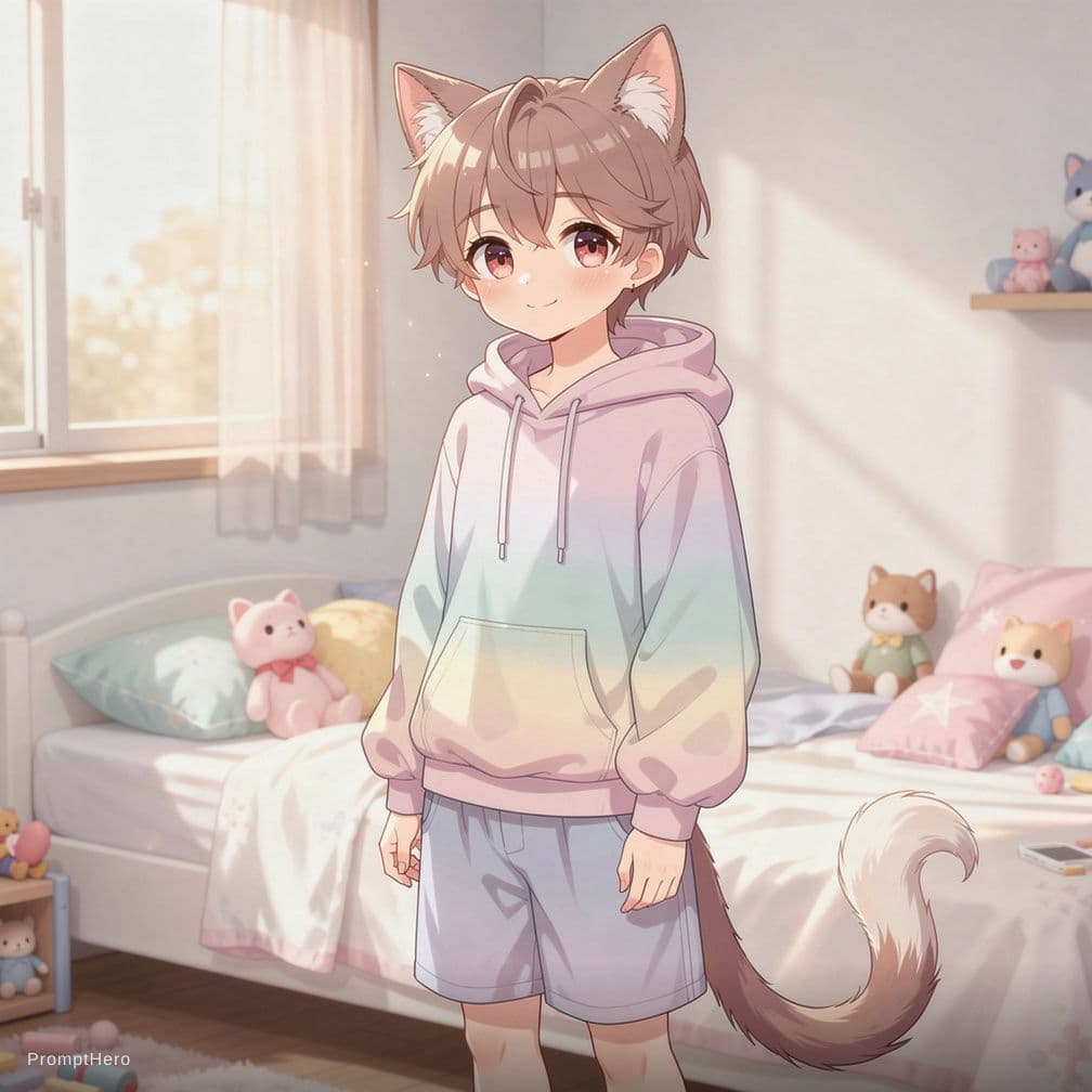 AI generated: Cute catboy wearing a diaper, white_diaper, cat_boy, short_hair, 4k, anime