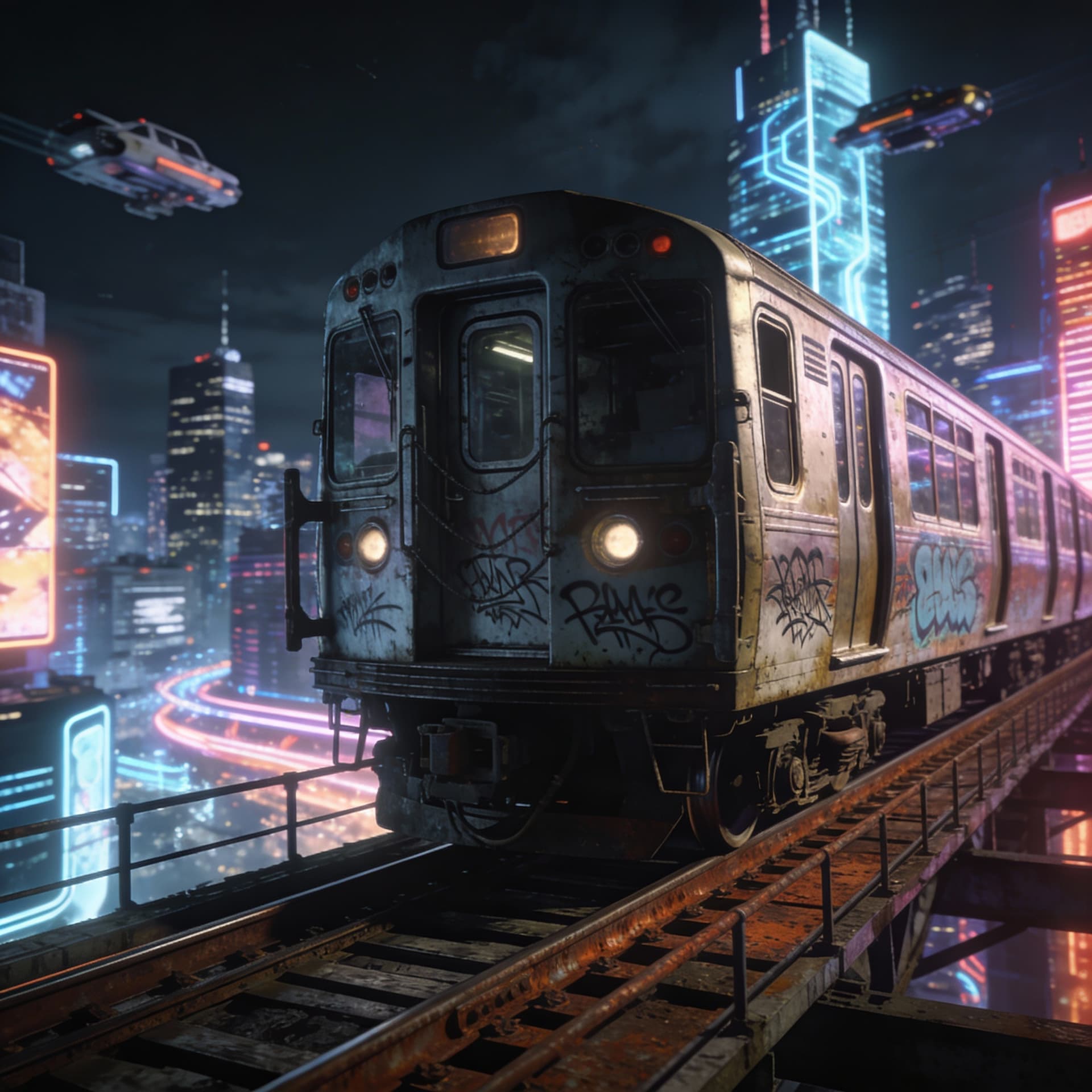 AI generated: SIDE PROFILE VIEW OF AN OLDSCHOOL 1980'S NY SUBWAY TRAIN ON ELEVATED TRACKS OVER THE CITY, BUT THE C...