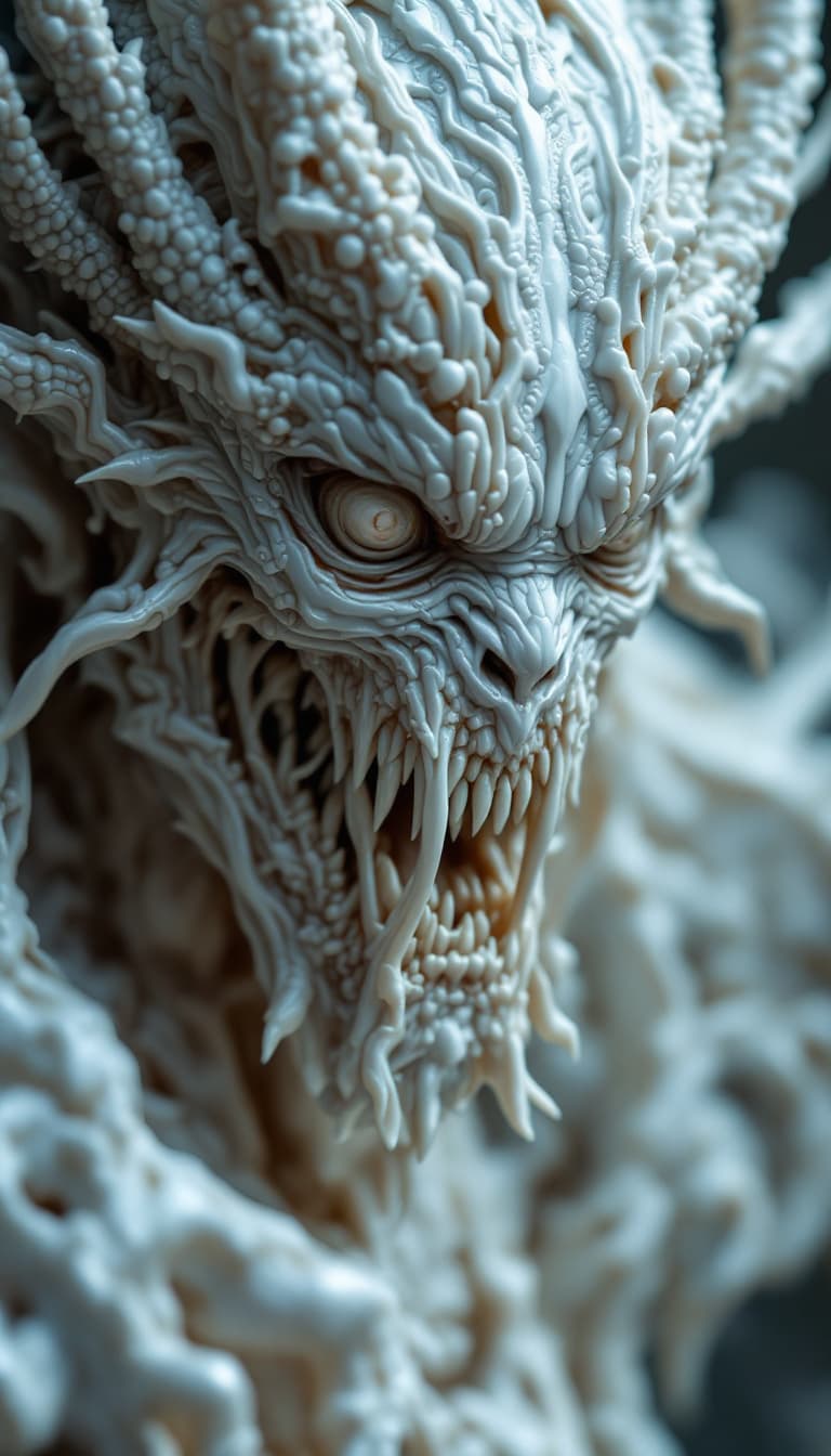 AI generated: Carved porcelain cyborg demons,different full body modelposition, high detailed cinematic background...