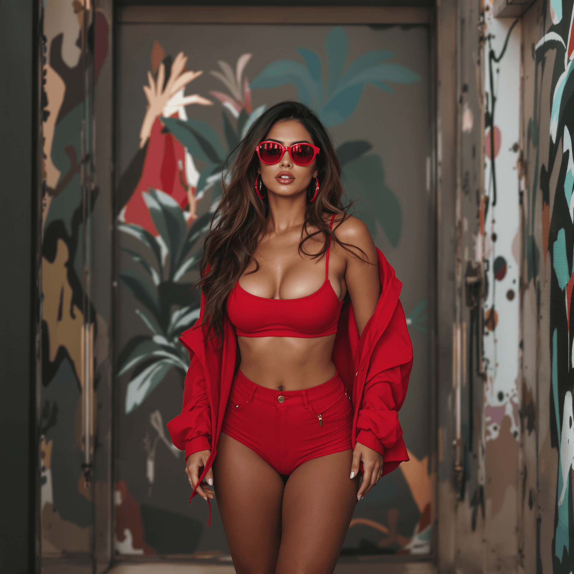 AI generated: latina female model with red urban clothes and red sunglasses, standing front, pose. looking to fron...