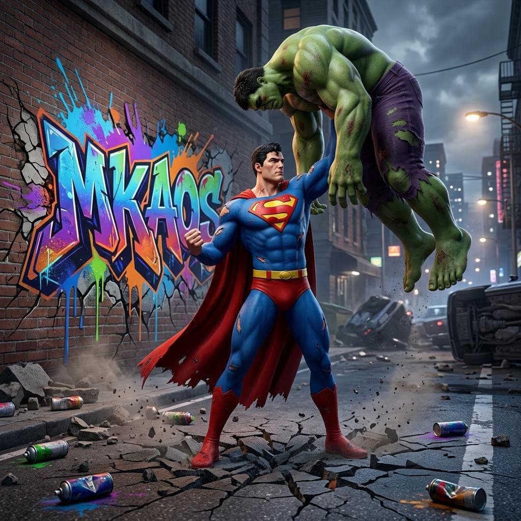 AI generated:  A 3D anime realistic illustration of Superman in his classic comic book costume, showing rips and t...