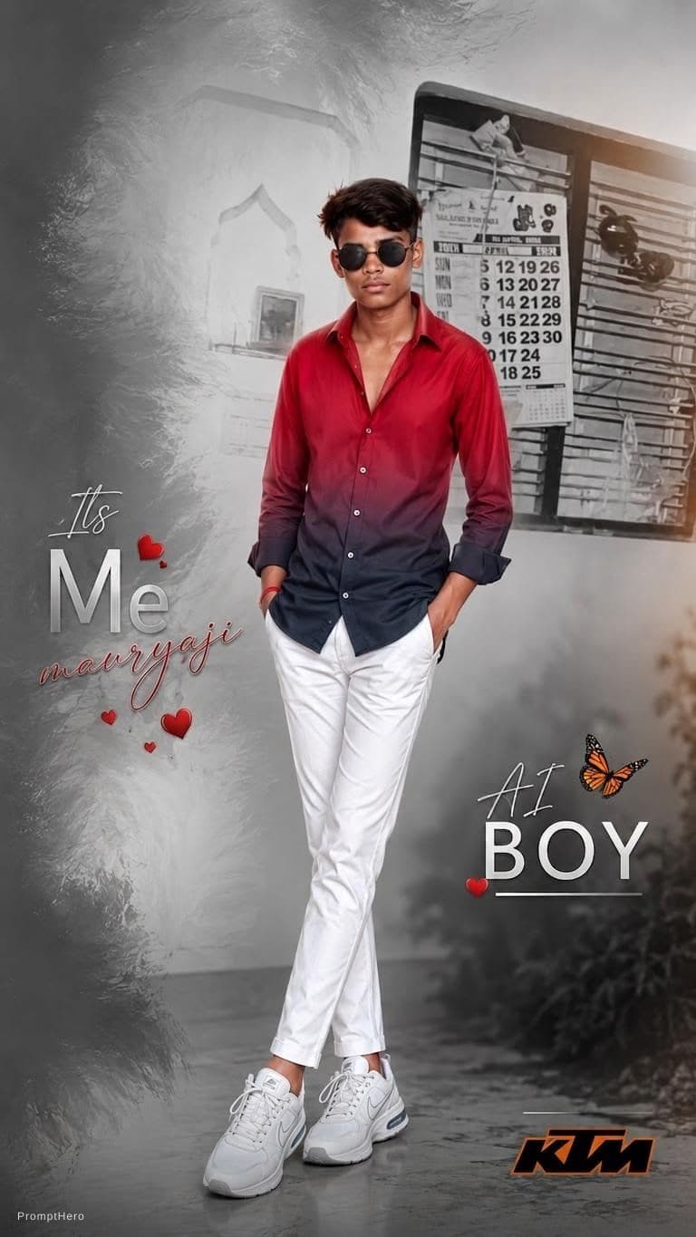 AI generated: Create a full-body version of the same man stands gracefully, wearing a gradient red button-down shi...