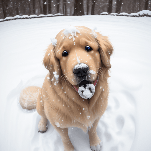 AI generated: Pixar cartoon style Golden retriever with snow on ground, snow on nose, eyes looking at snow on nose...