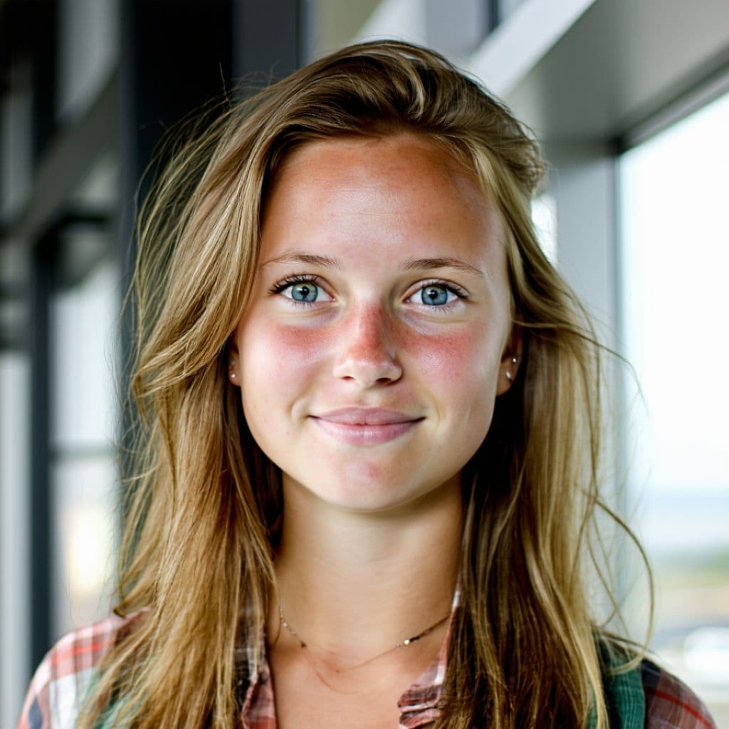 AI generated: A college girl from norway. She is below average looking.