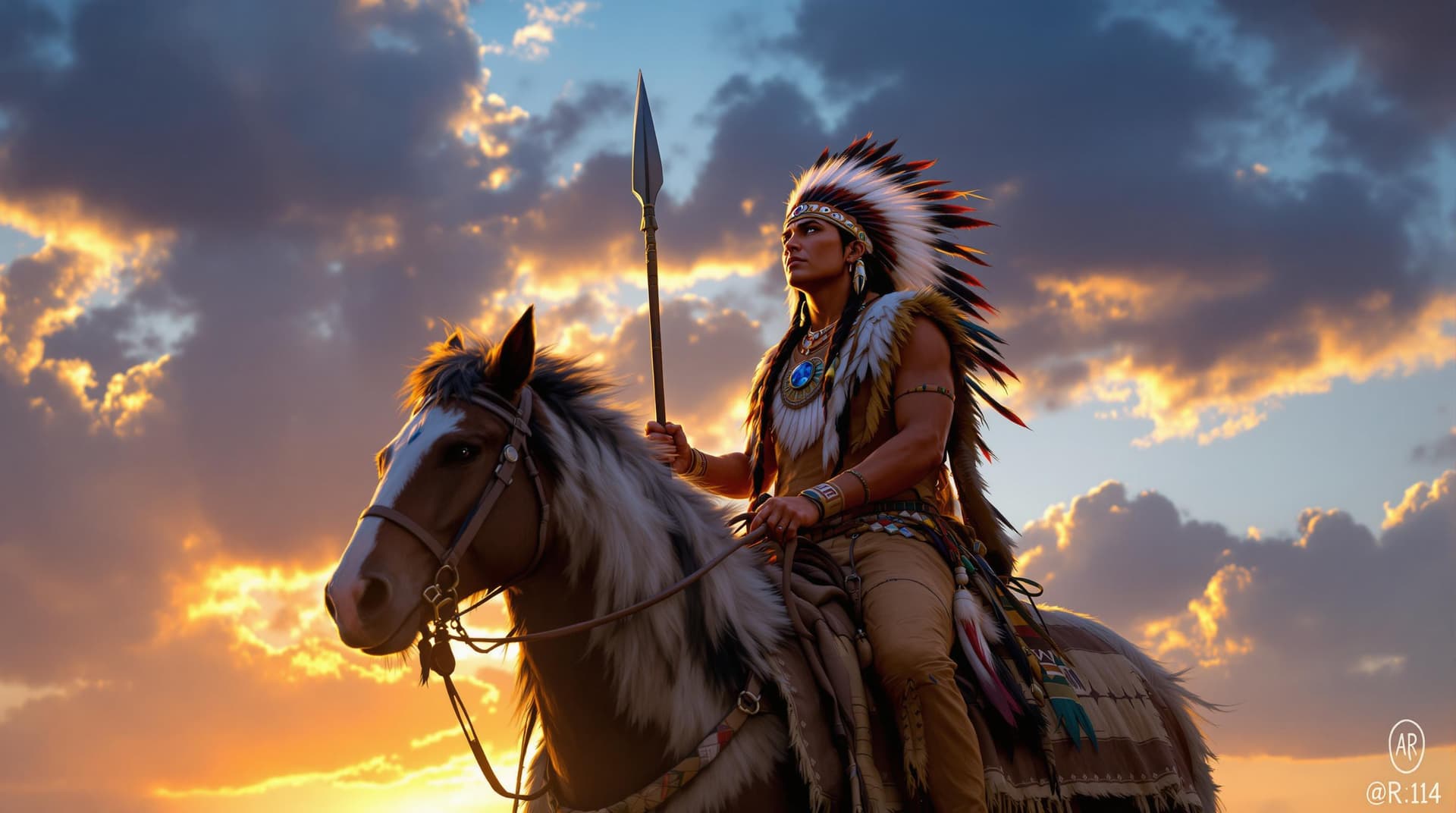 AI generated: a Native American Indian chief on horse, wearing traditional clothing and headdress, holding a spear...