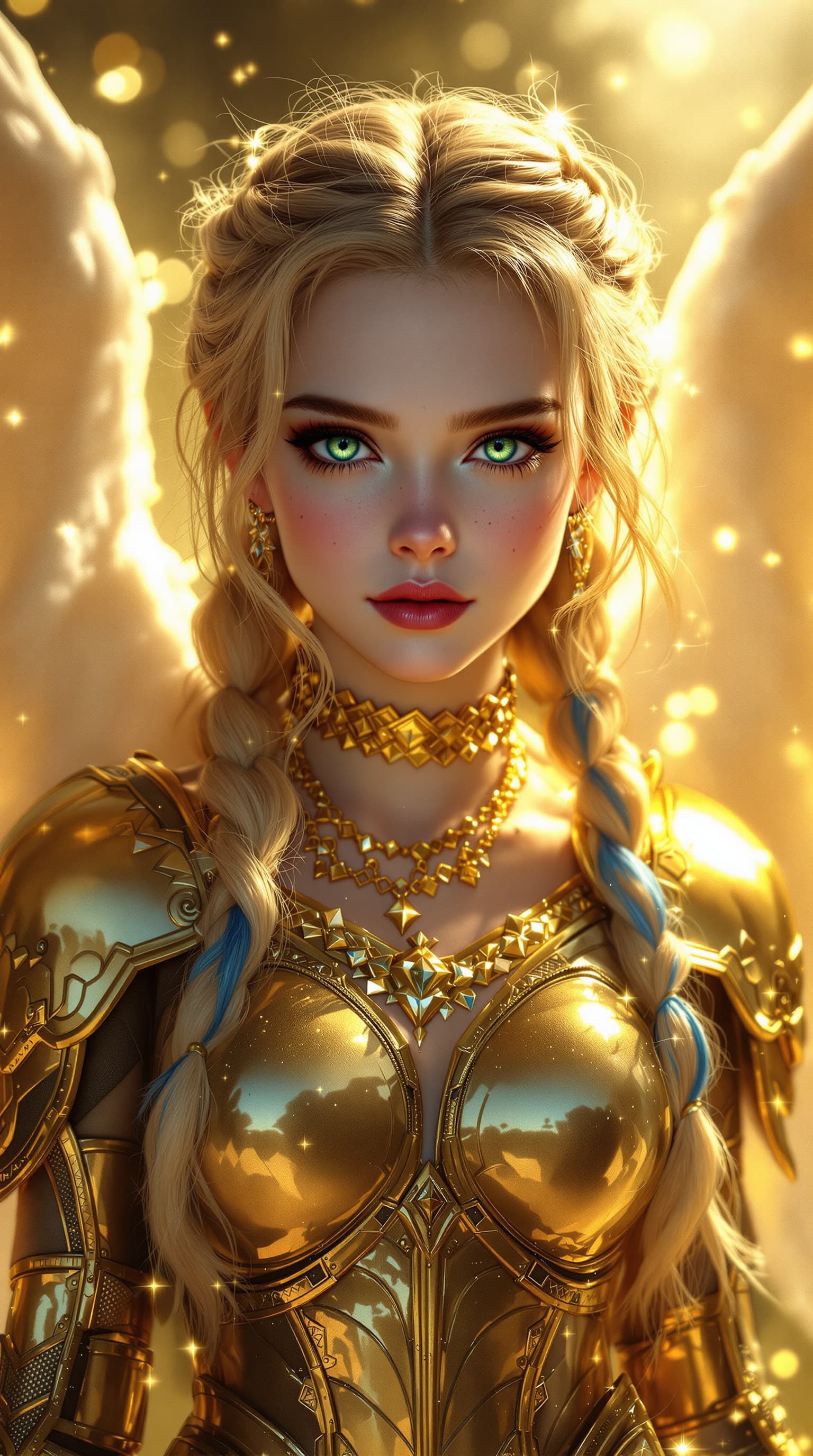 AI generated: A masterful hyper-realistic depiction of Elle Fanning as the Guardian Angel, radiating ethereal beau...