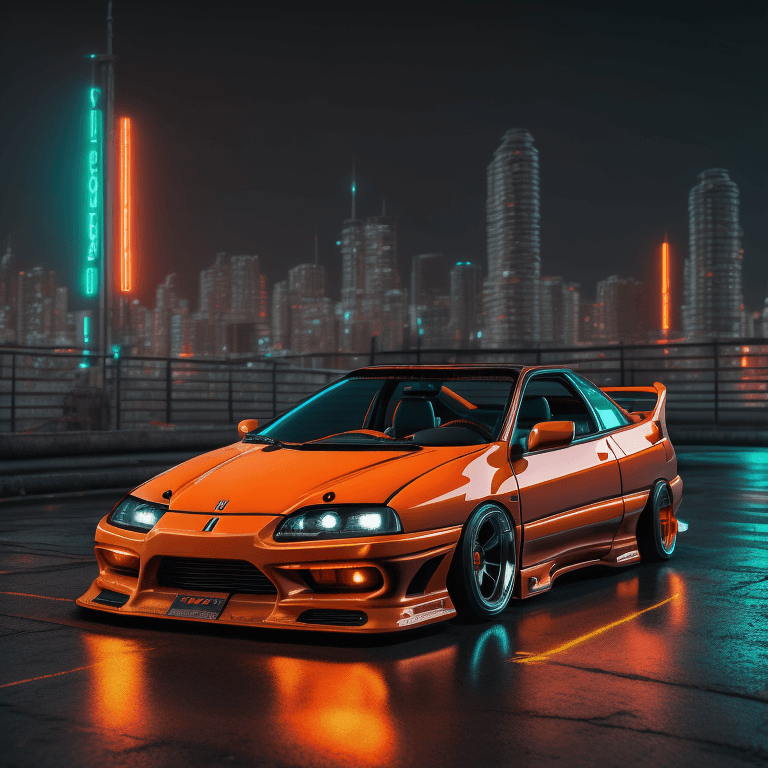 AI generated: cyber punk mechanical orange honda integra dc5, in beautiful beach setting, highly textured, highly ...
