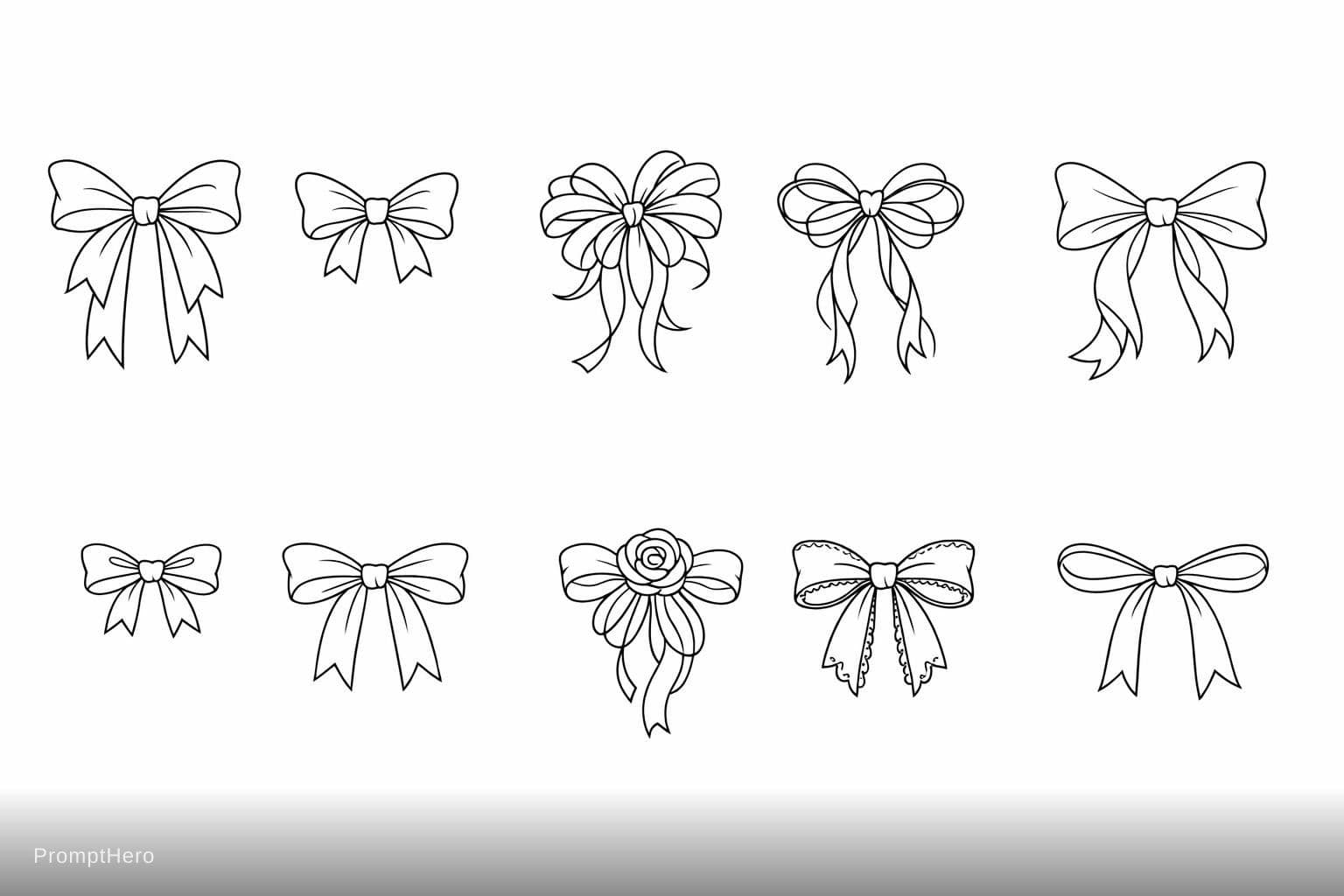 AI generated: 10 different cute ribbon bows, black outline line art style, elegant hand drawn bow icons, thin clea...