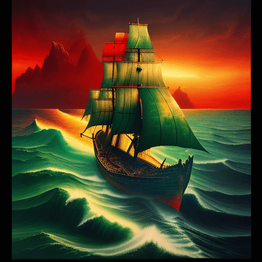 AI generated: 1970's dark fantasy style highly detailed painting a wooden ship navigating a sea with green water a...