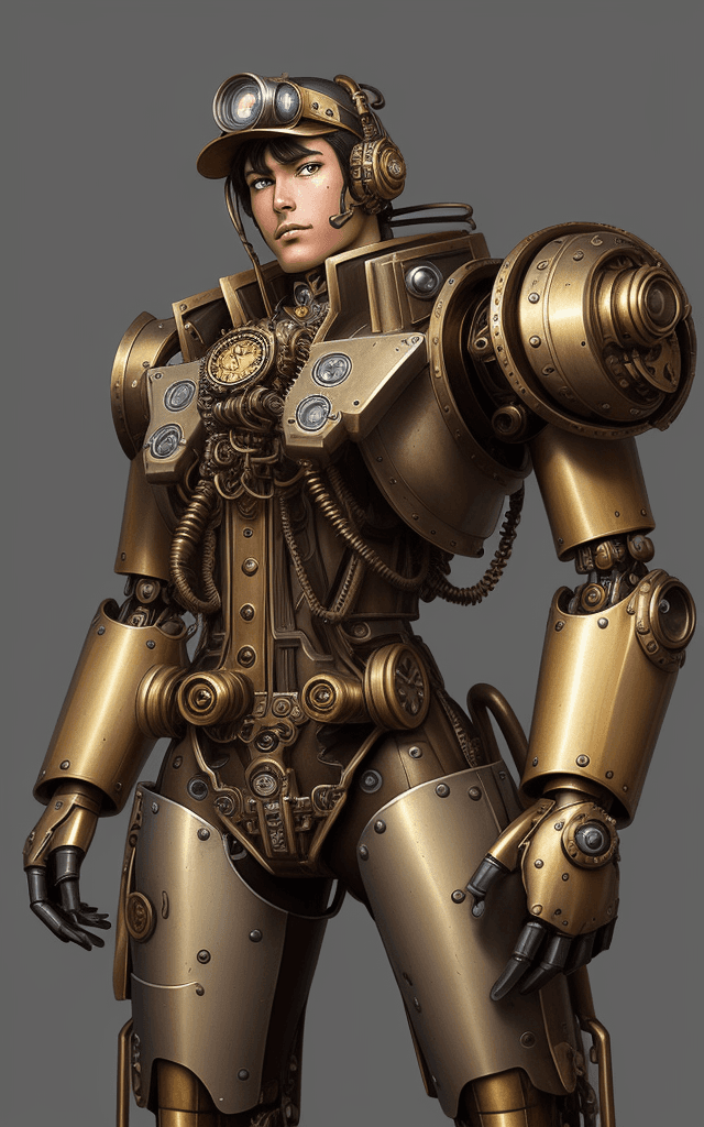 AI generated: a steampunk mecha pilot ,bronze and gold and silver steampunk gears in background