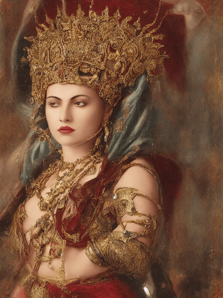 AI generated: full shot, Create a captivating tensor art representation of the Queen Helen of Sparta figure, dress...