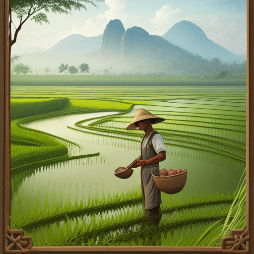 AI generated: Landscape illustration, a farmer tending to his rice field, agriculture book, Khmer Art, set against...