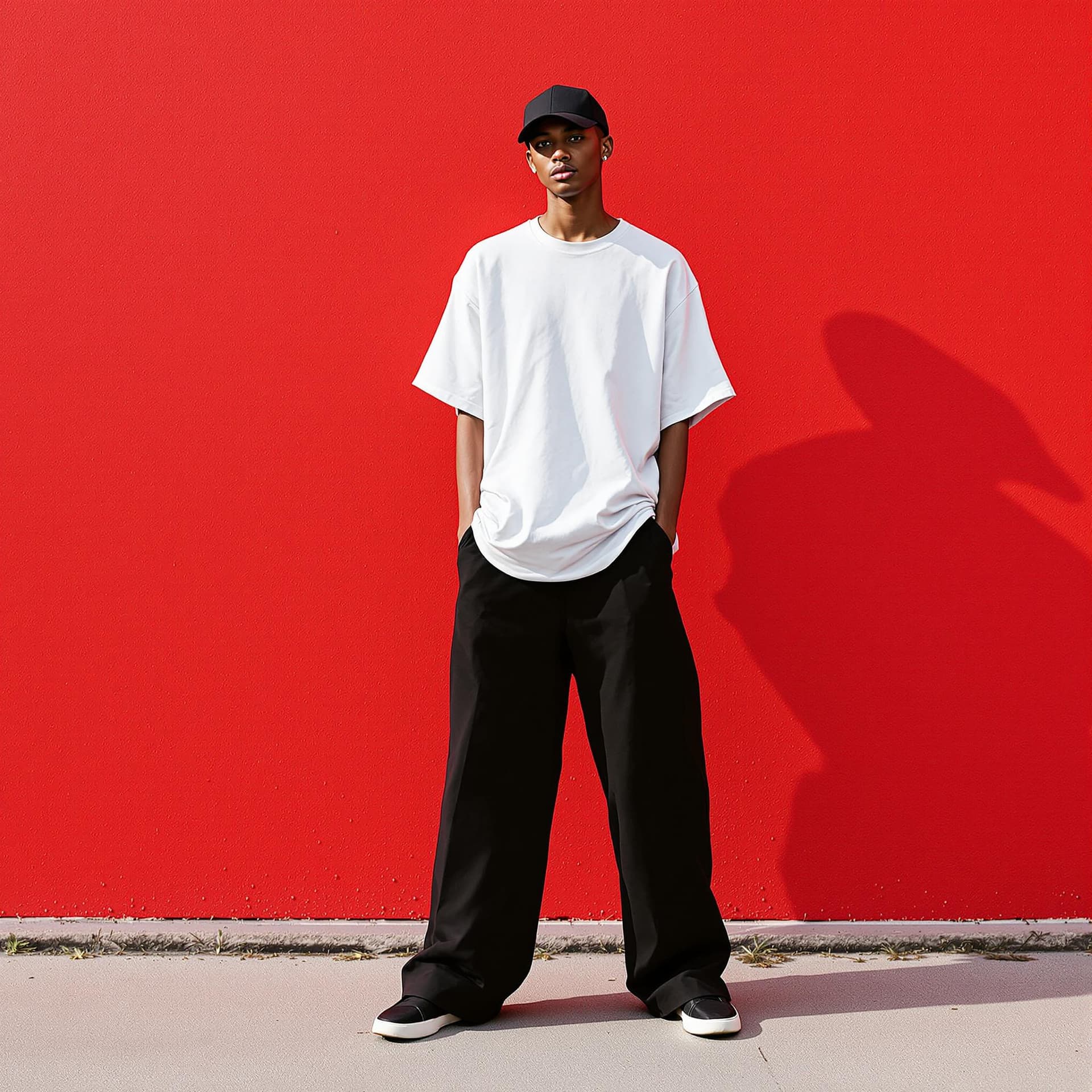 AI generated: capturing a casual yet stylish vibe, a figure in a loose, oversized black street wearing and wide-le...