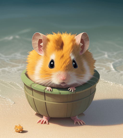 AI generated: very beautiful portrait of an extremely cute and adorable golden hamster who is relaxing on a beach,...