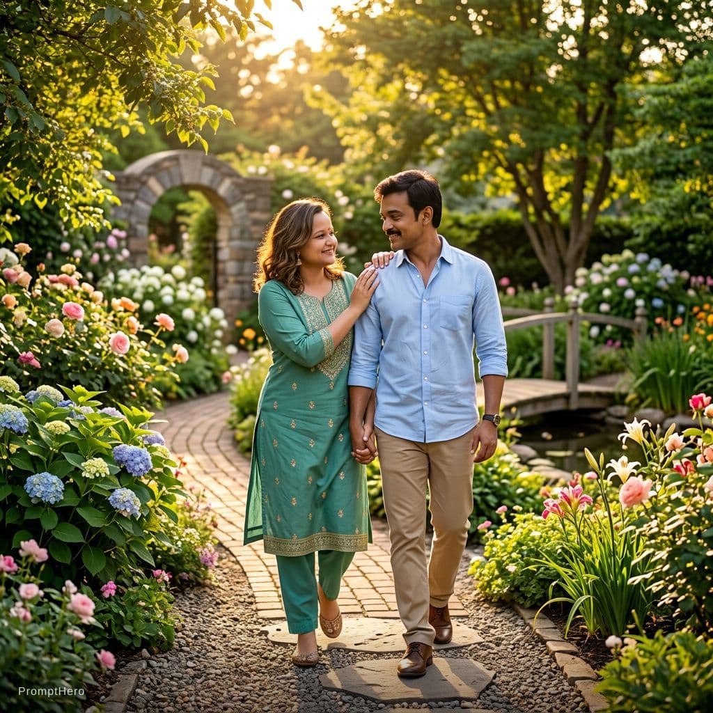 AI generated: romentic young couple walk in gaden , female hand on sholers of men