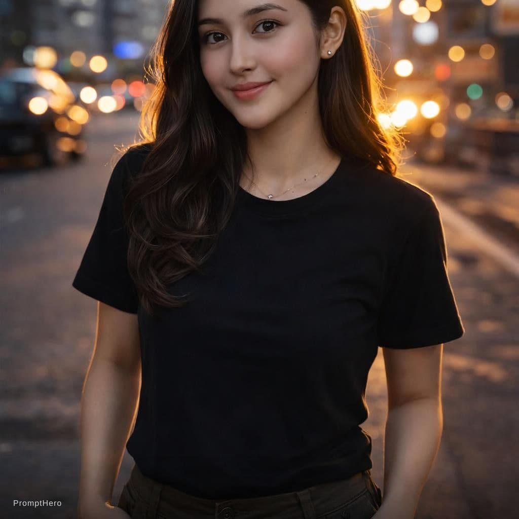 AI generated: photography, front view, dynamic range, female model, upper-body, black T-shirt, dark khaki cargo pa...