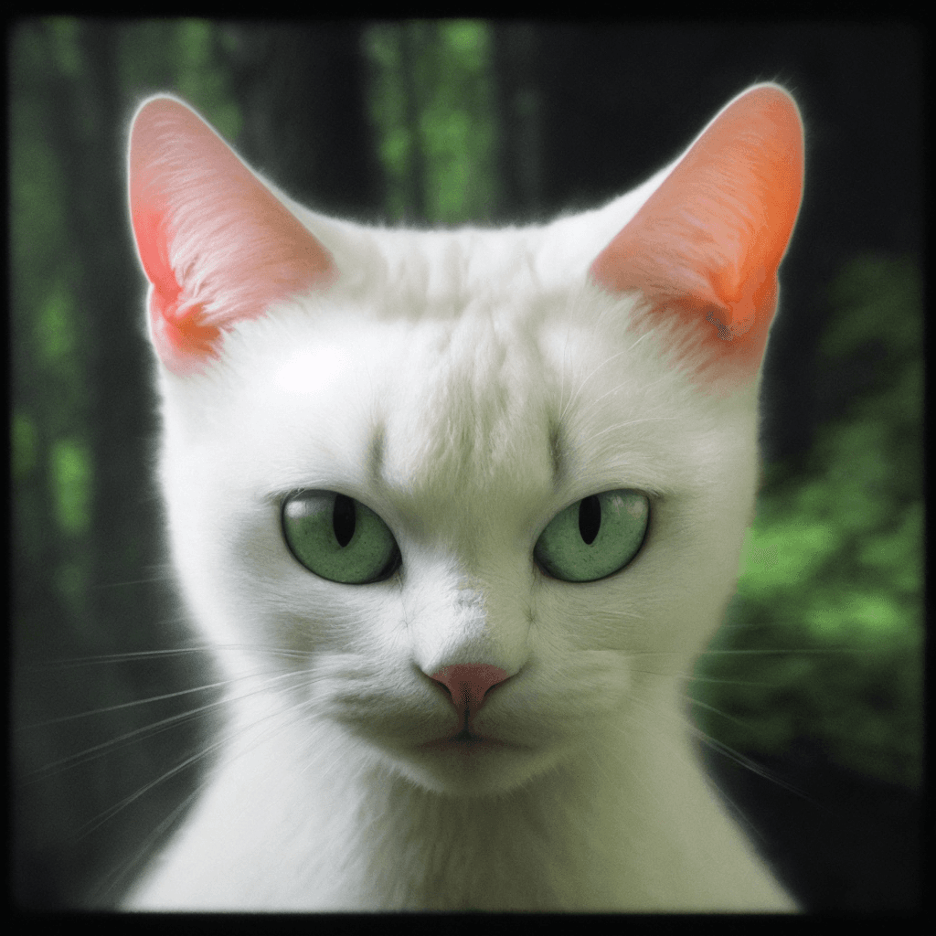AI generated: A photograph of a white cat with a digitally manipulated third eye on its forehead, now reimagined i...
