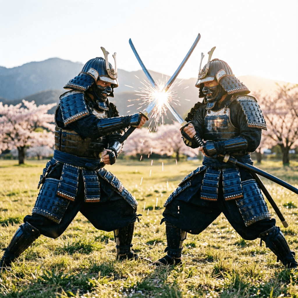 AI generated: Two samurai warriors locked in fierce combat on a sunlit Japanese meadow, american shot framing both...