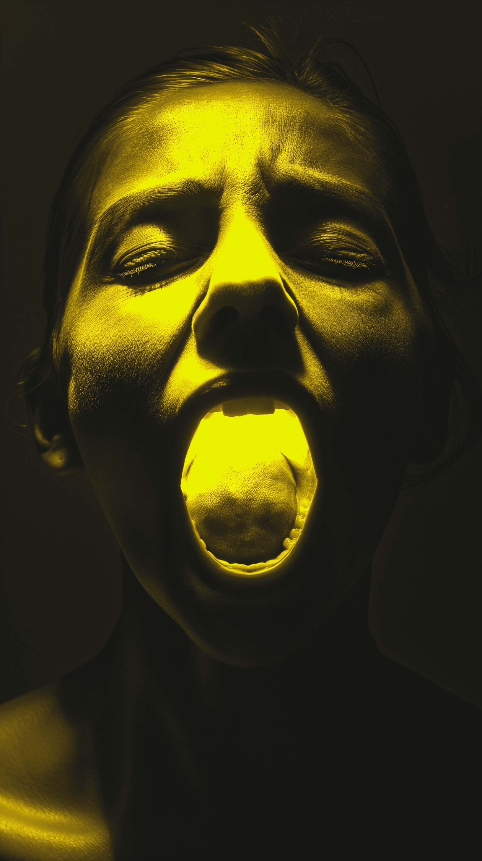 AI generated: portrait of a person with an open mouth, sticking out her yellow tongue, illuminated with intense st...