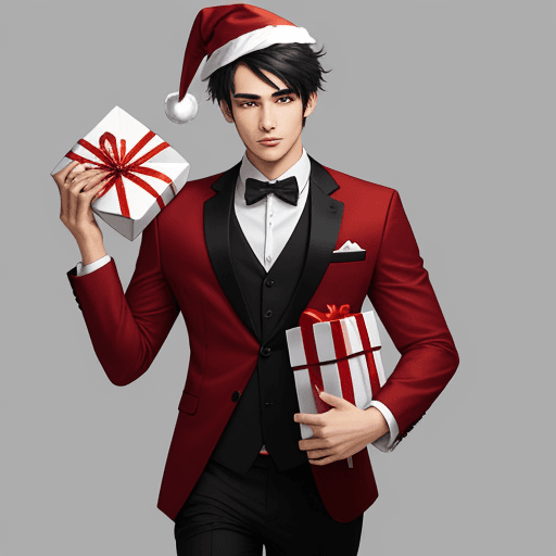 AI generated: Attractive mixed anime male in a red, white and black suit with a Santa hat on carrying a gift
