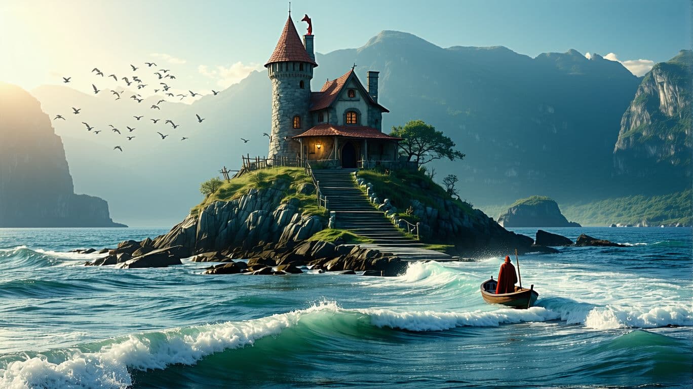 AI generated: High resolution photography  of a sunny bay landscape with a rocky island washed by waves where is b...
